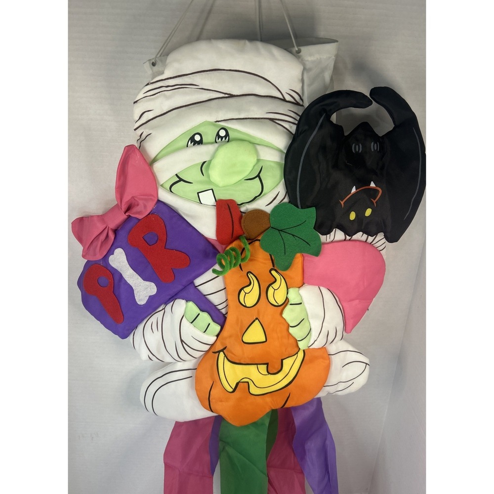 Vtg 3D Pumpkin Mummy Windsock 52 Tall Halloween Scene Decor Read